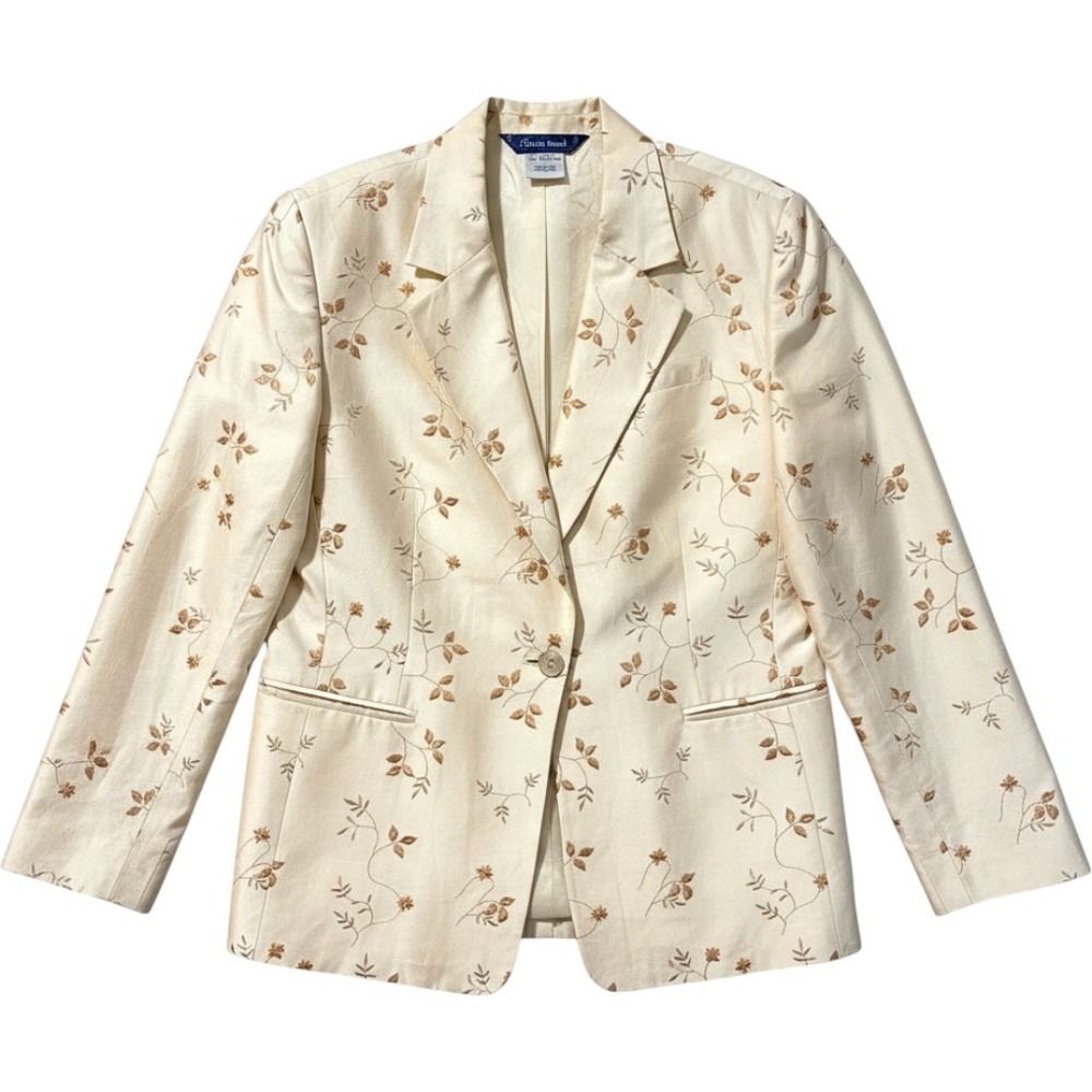 Vintage Floral Embroidered Silk Blazer Cream Ivory Cottagecore Aesthetic Jacket